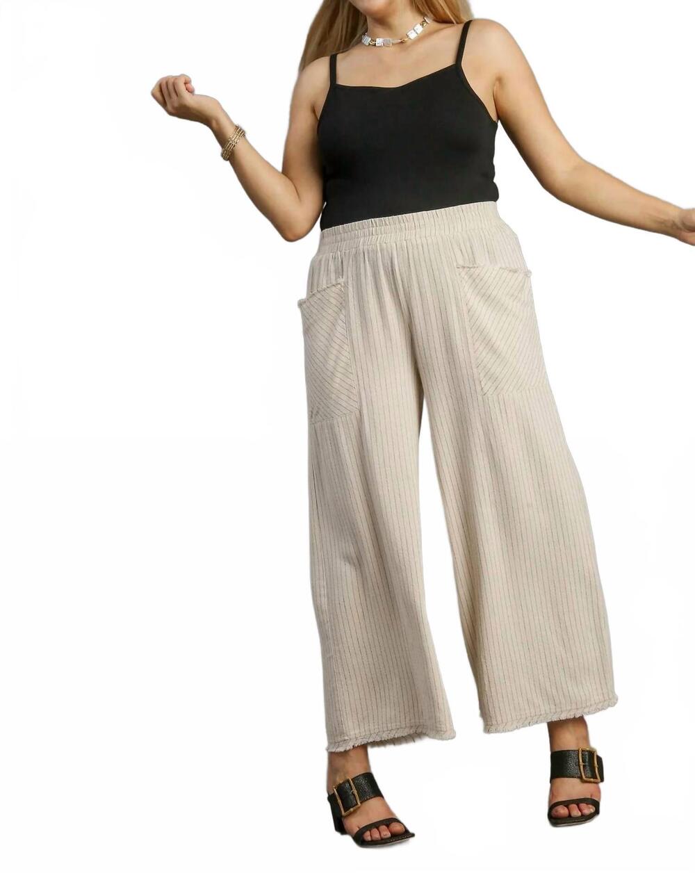 NEW UMGEE linen blend wide leg pants with frayed details - plus in oatmeal